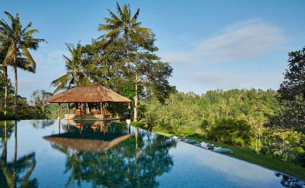 The infinity pool at Amandari and its thatched pavilion, reflecting the palms above the Ayung valley