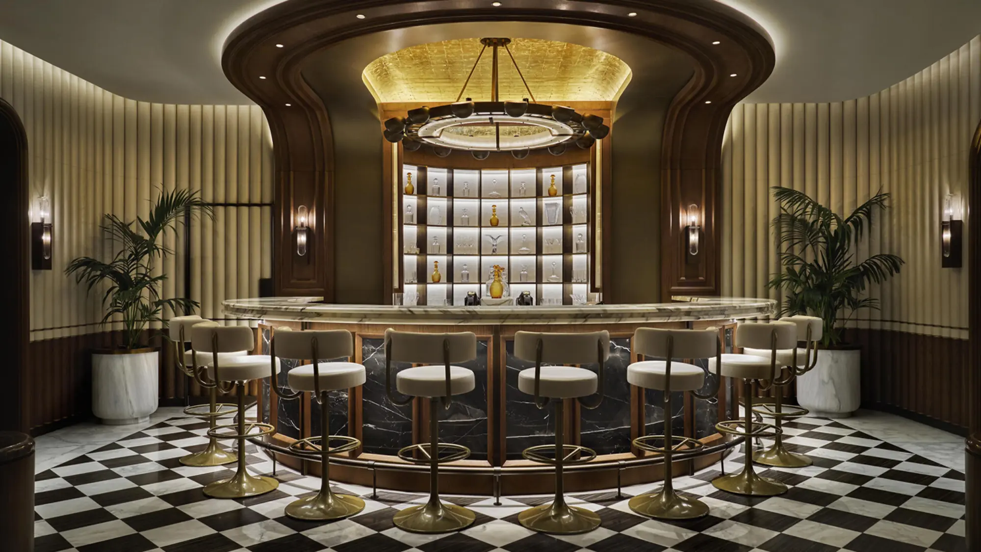 The bar at Cafe Boulud Riyadh with its checkerboard floor