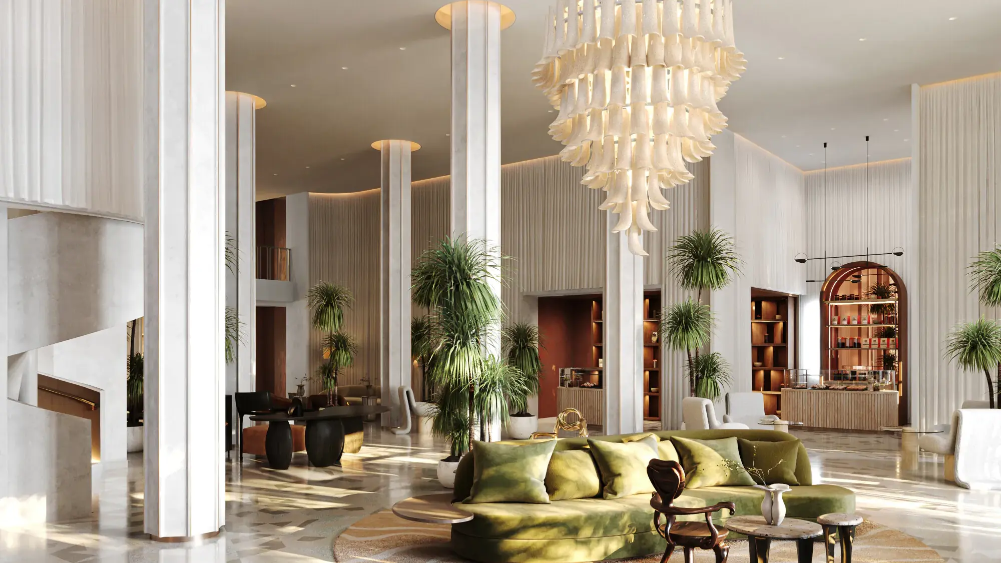 Lobby at Delano Miami Beach with its shell chandelier and green seating
