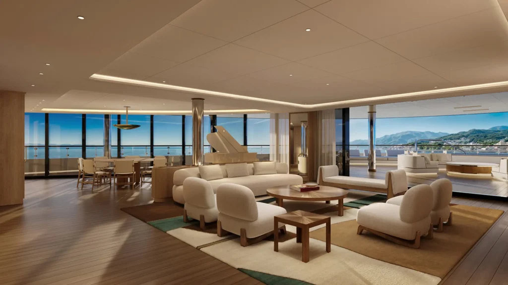 Suite lounge aboard a Four Seasons yacht with sea views
