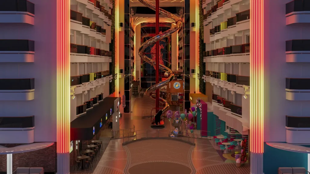 Interior promenade aboard MSC World Asia with illuminated columns