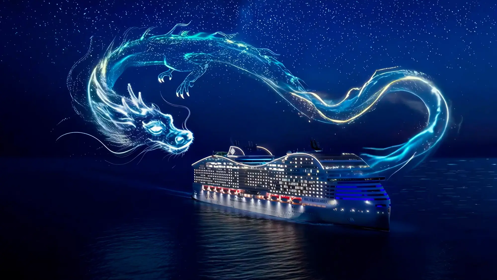 MSC World Asia shown with a luminous blue dragon motif