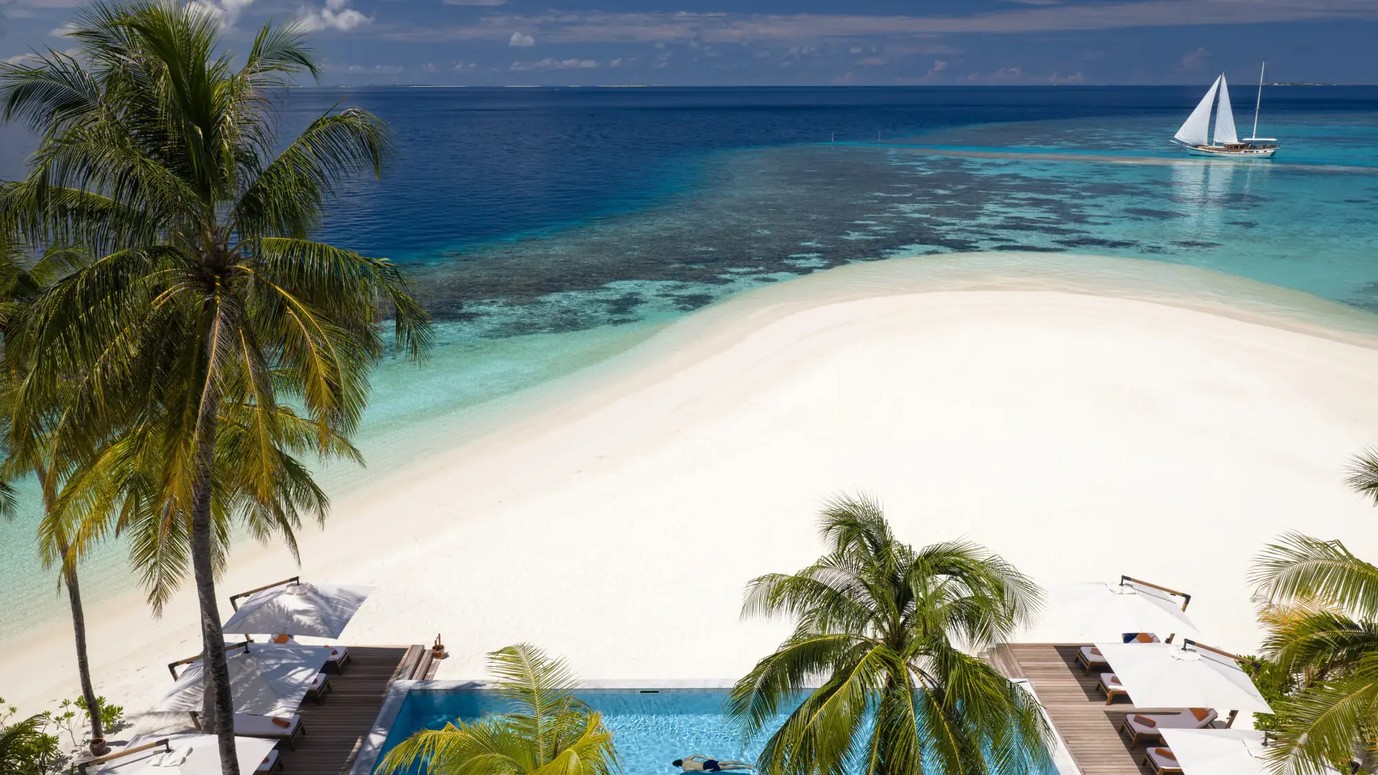 Aerial view of a Maldivian sandbank and lagoon in South Ari Atoll