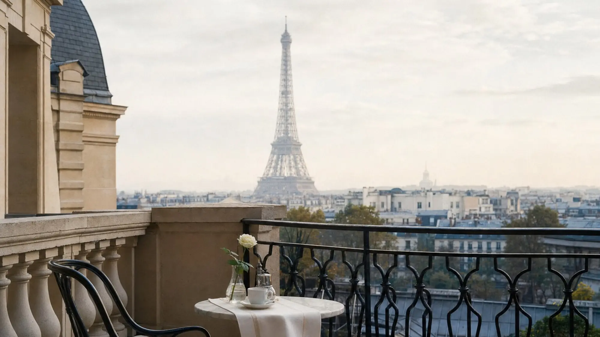 A balcony table in Paris with the Eiffel Tower beyond