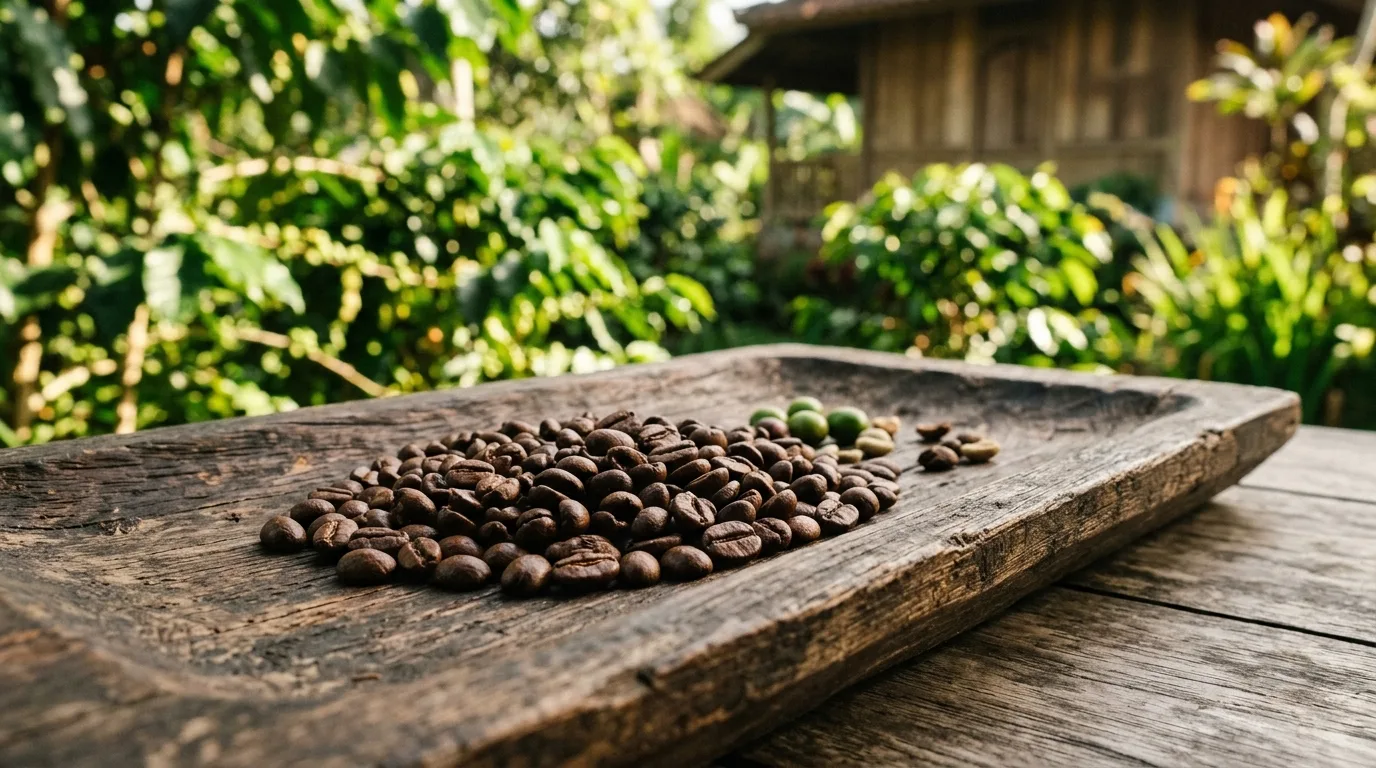Bali coffee beans drying on a wooden tray in the highlands