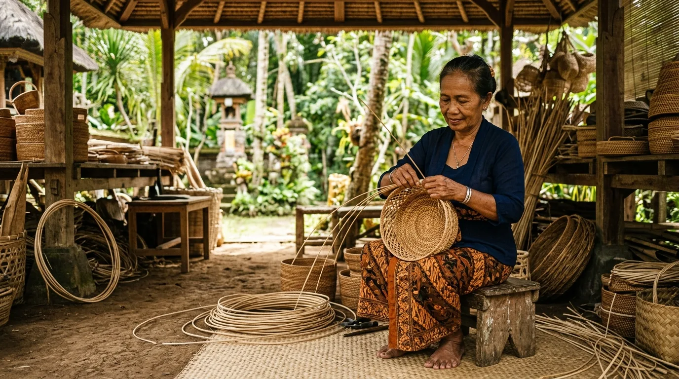 A Balinese woman weaving a basket by hand