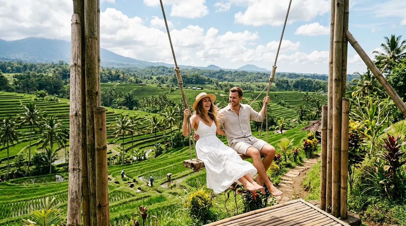 Rice terraces falling away beneath the mountains in east Bali