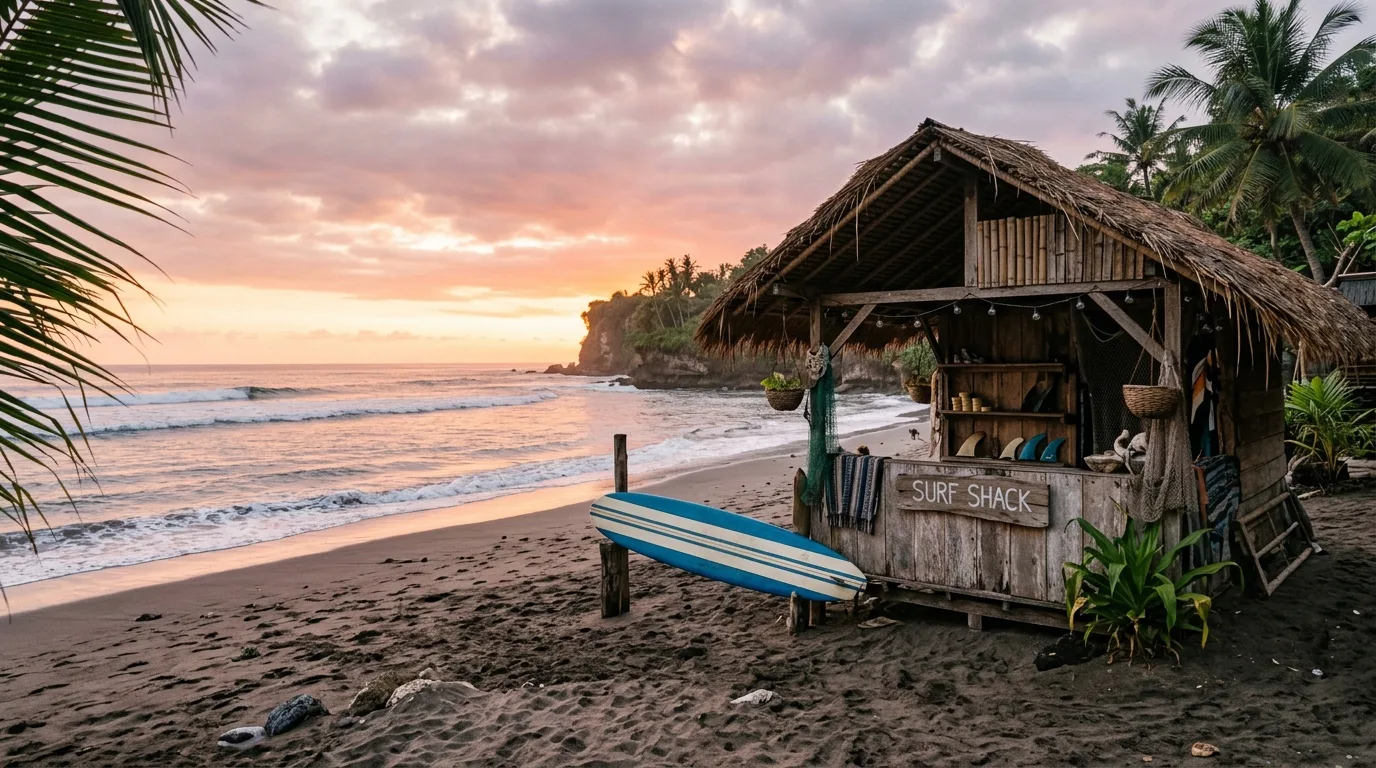 A surf shack on a black-sand Bali beach at sunset