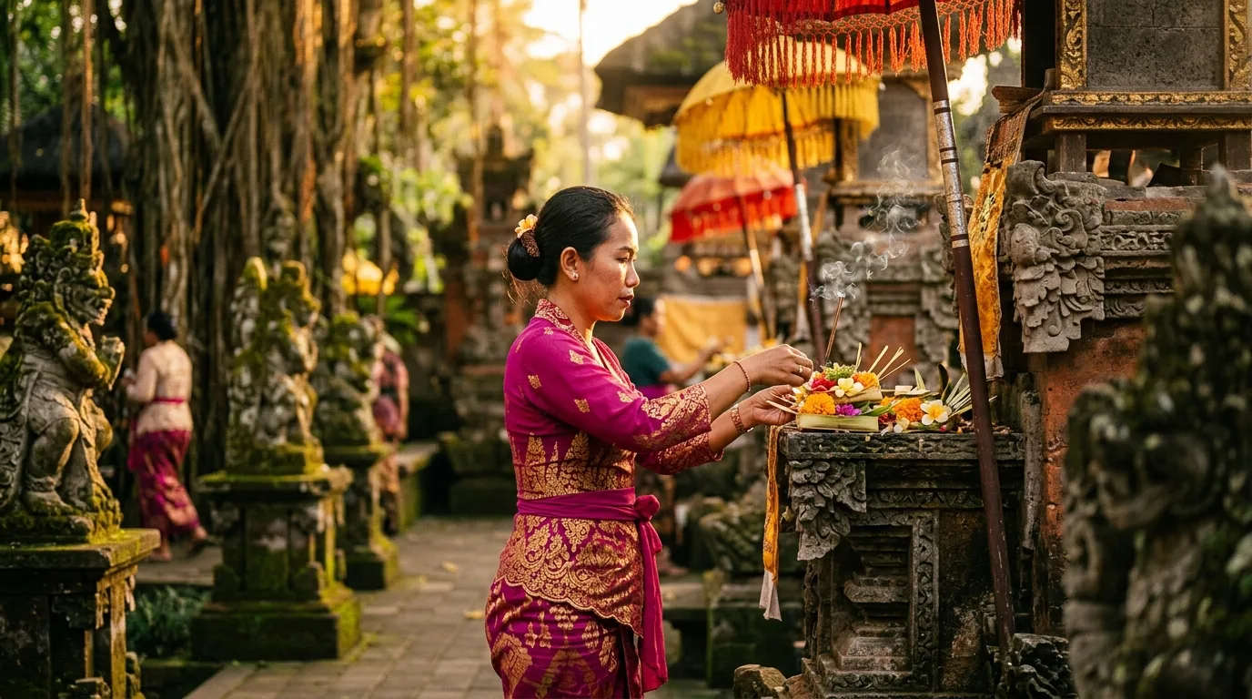 A Balinese woman making temple offerings in Ubud