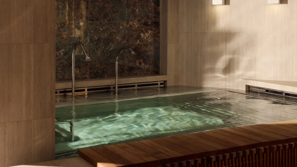 The thermal pool and wooden deck in the ship's spa