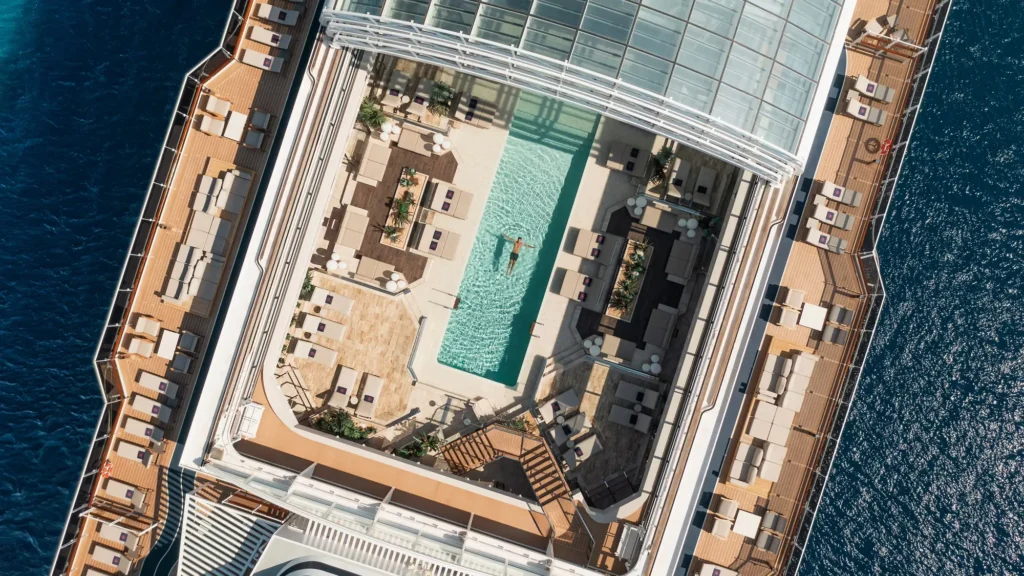 Aerial view down onto an Explora ship's pool deck