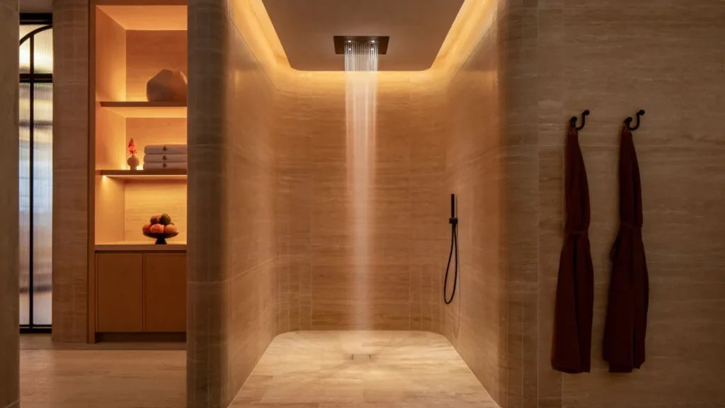 A rainfall shower and robes in the Kai Holo Spa suites