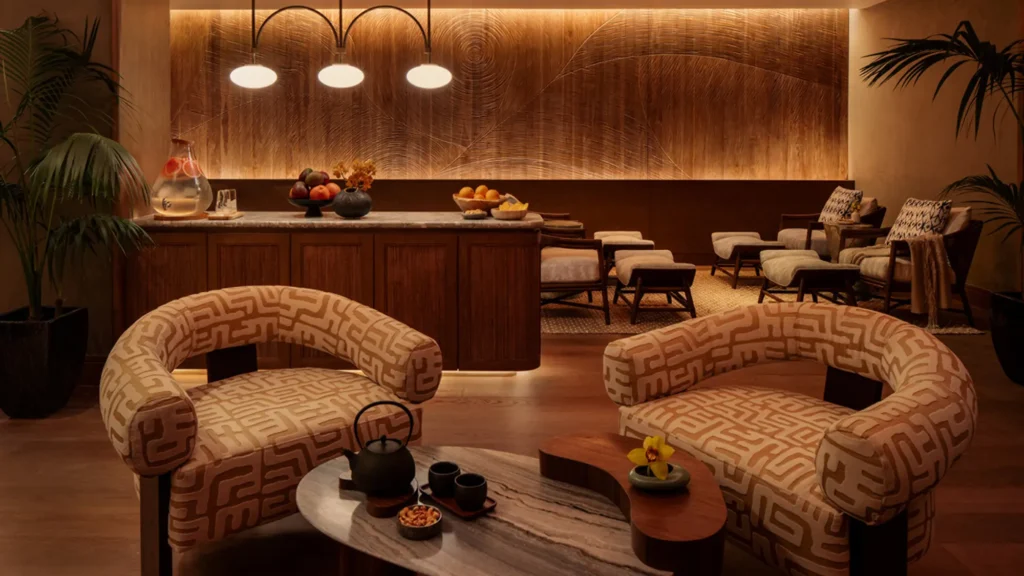 The relaxation lounge at Kai Holo Spa, tea set on a table