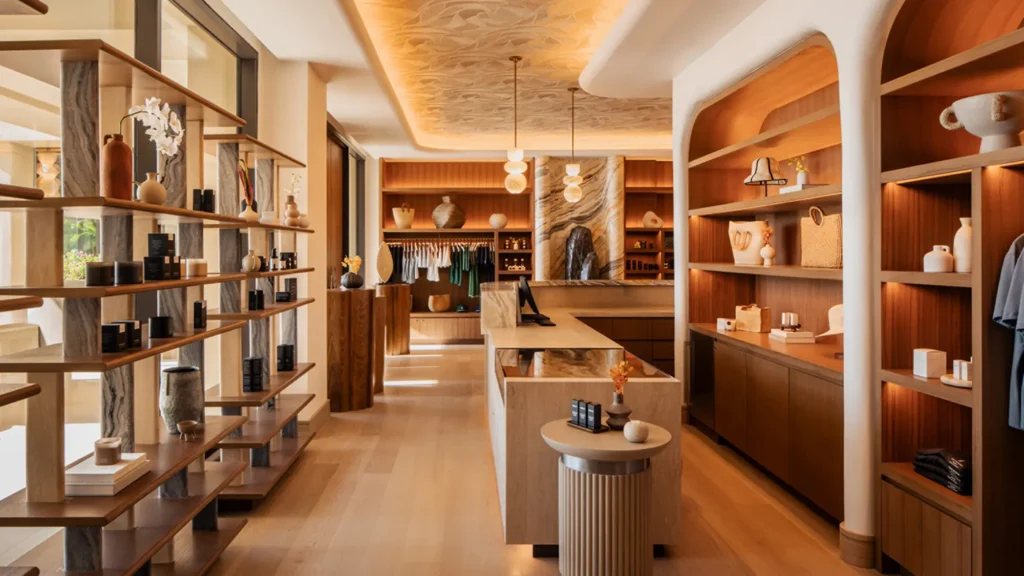 The spa boutique at Kai Holo Spa with timber shelving