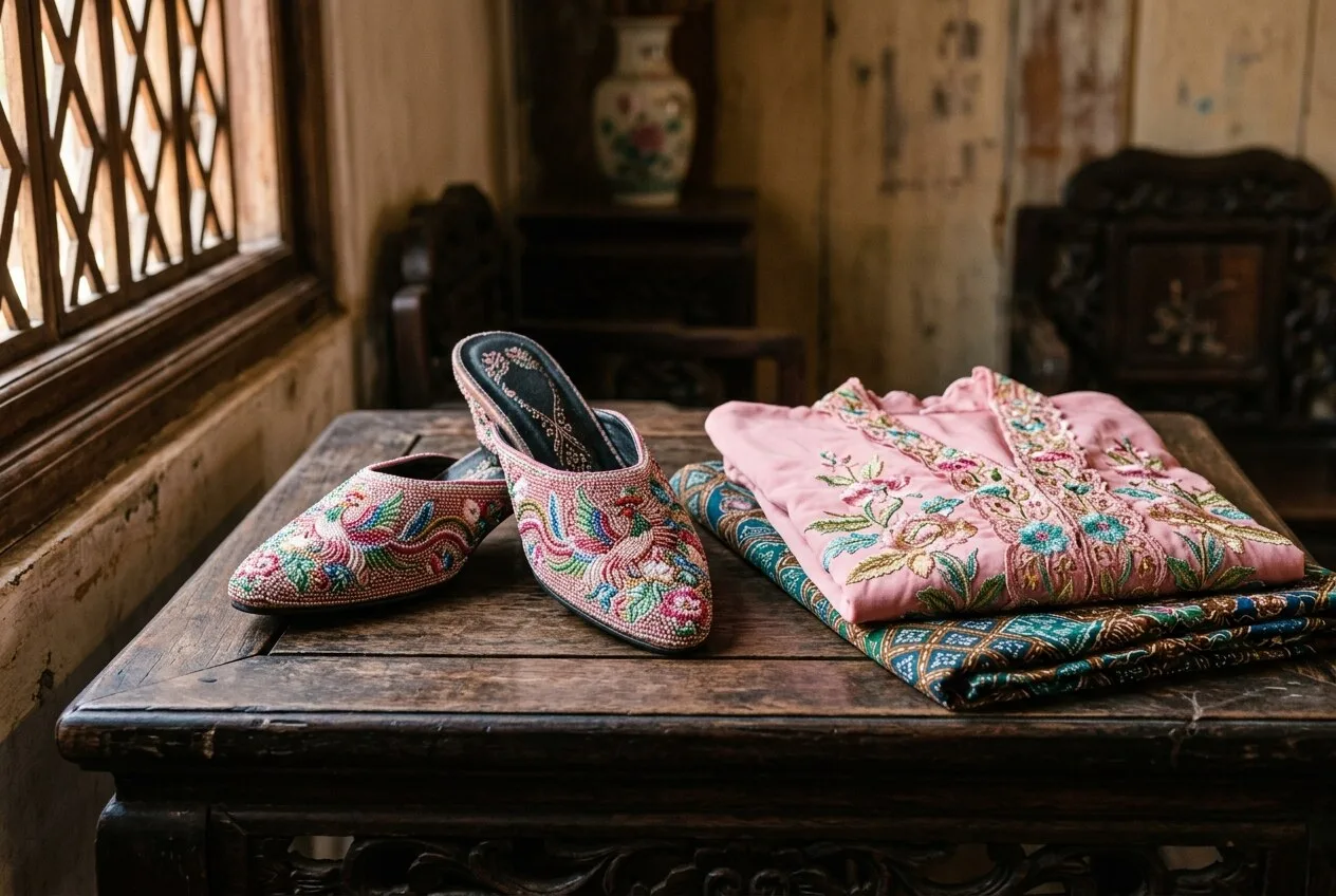 Beaded Peranakan slippers and an embroidered sarong kebaya on a carved table