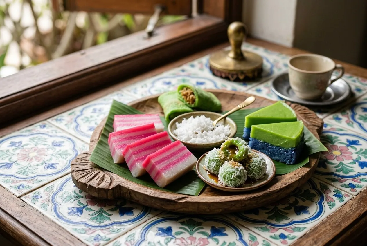 An assortment of colourful Peranakan nonya kueh on a tiled table