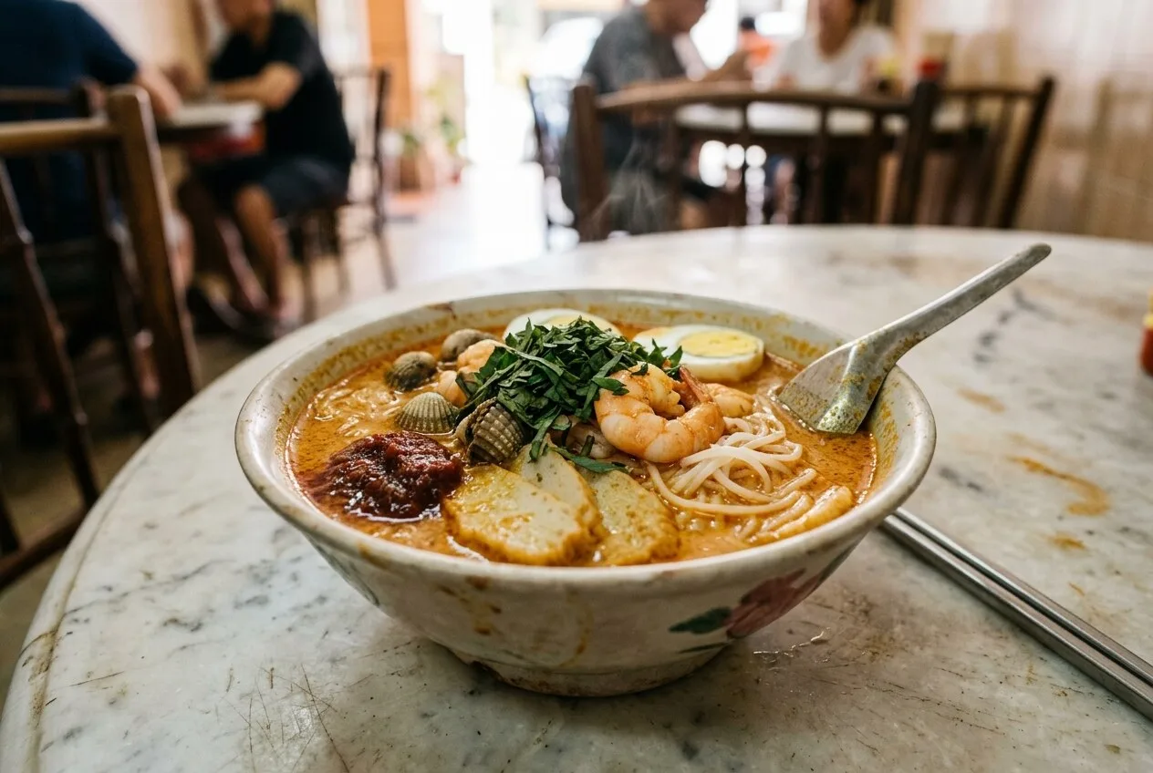 A bowl of Katong laksa on a marble kopitiam table