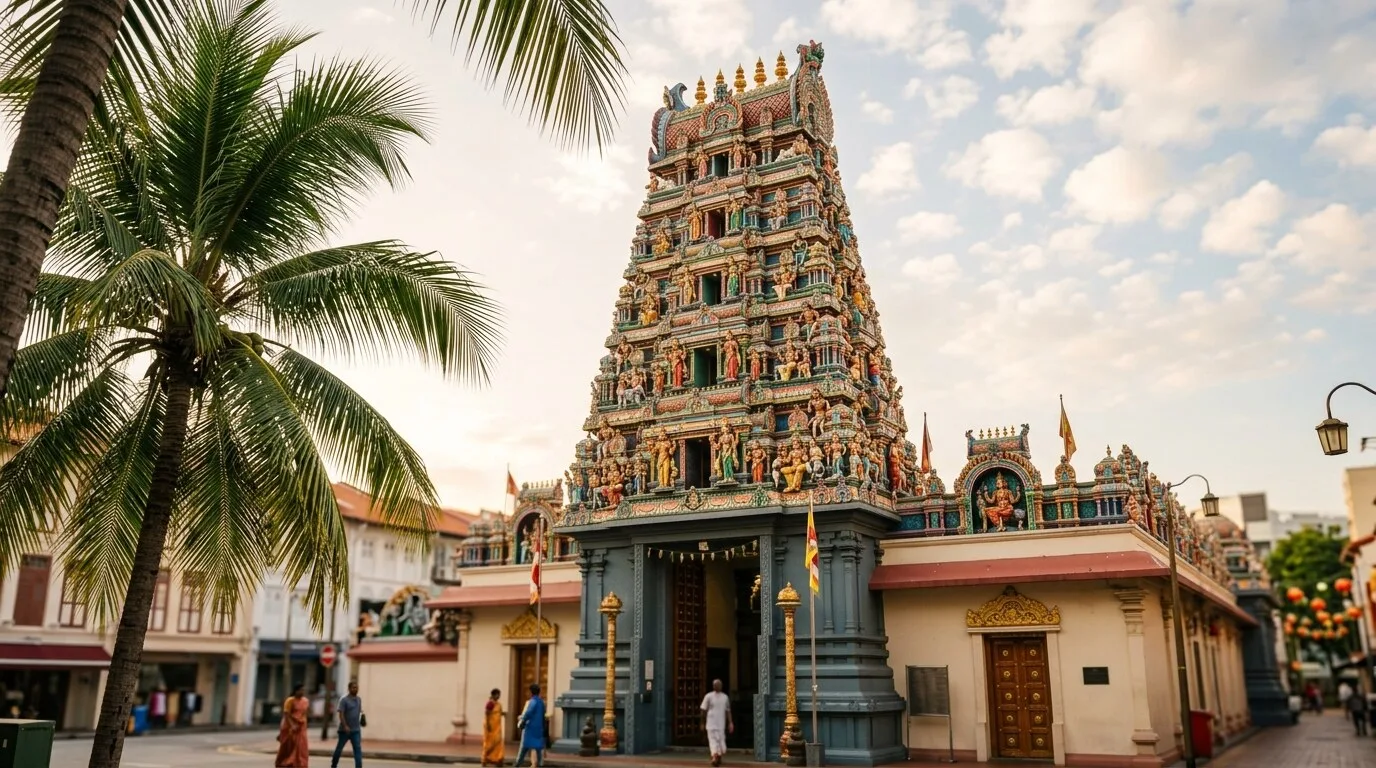 An ornate South Indian Dravidian Hindu temple gopuram in Singapore