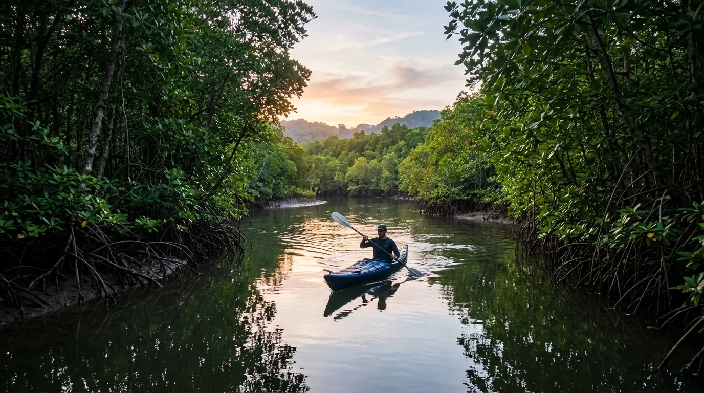 Kayaking the mangroves of Phang Nga Bay at sunset