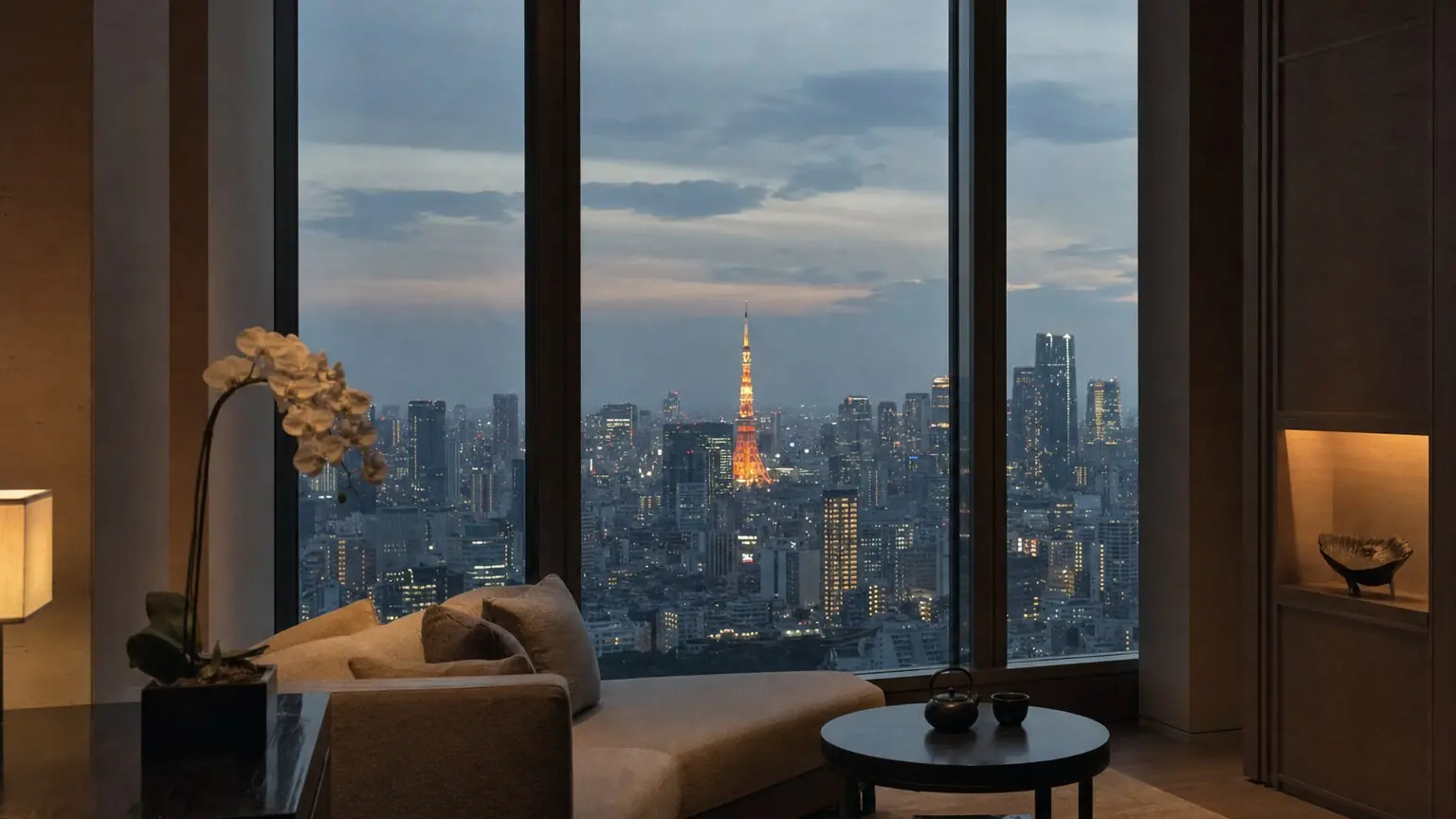 Tokyo Tower framed by a high-rise window at dusk in Roppongi
