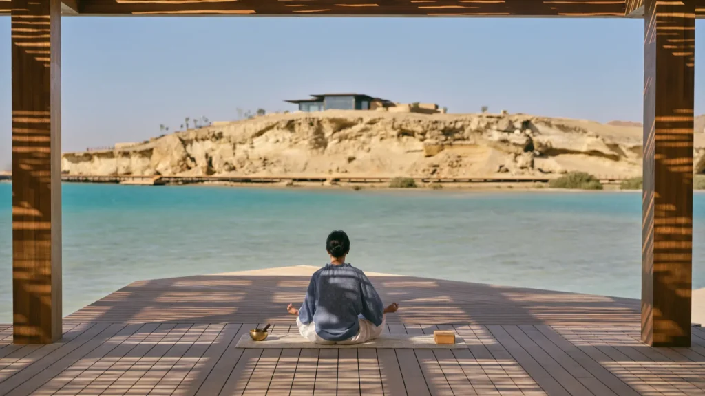 A guest meditating on a deck facing the AMAALA lagoon