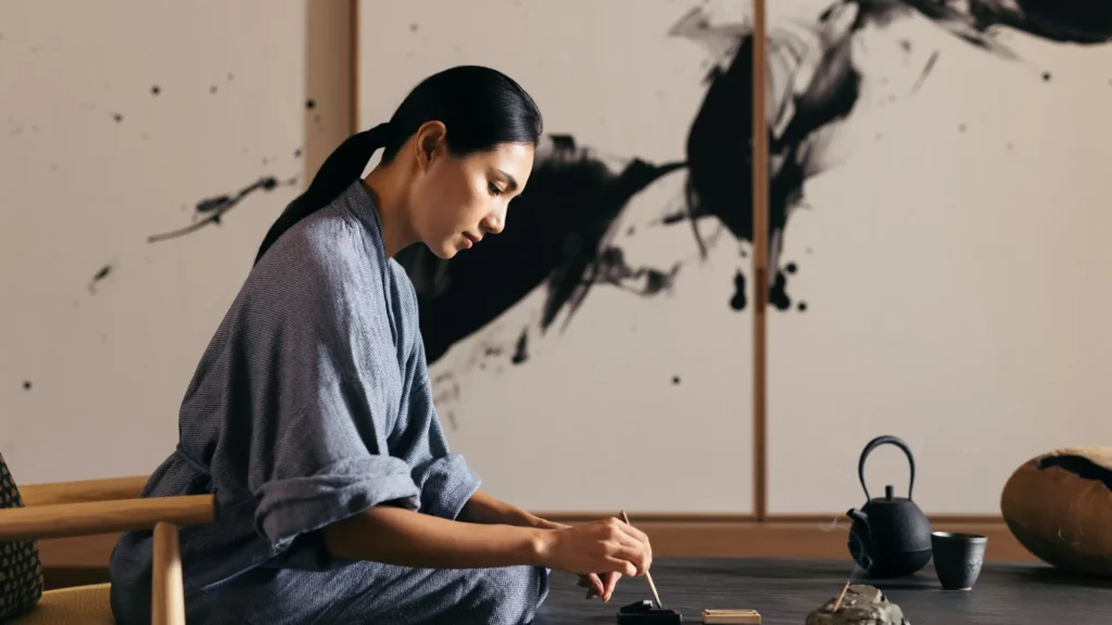 A retreat guest practising kintsugi, the Japanese art of repairing ceramics with lacquer and gold, at Six Senses Kyoto