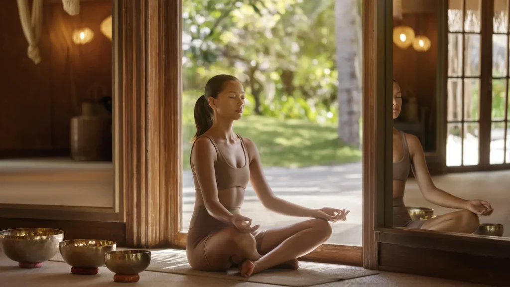 A woman meditating beside Tibetan singing bowls in a room opening onto a garden, part of the Yin Way sound healing sessions