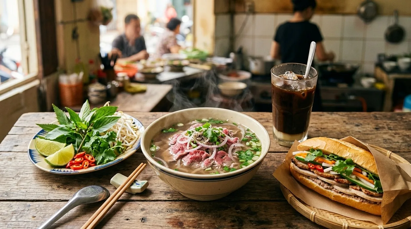 A bowl of pho with herbs, a banh mi and Vietnamese iced coffee on a table