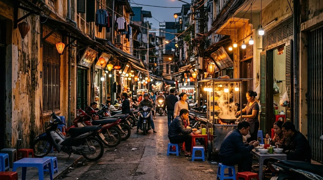 Hanoi's Old Quarter at dusk, with food stalls and motorbikes