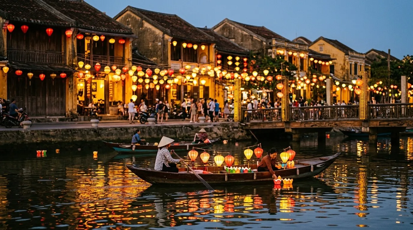 Hoi An's ancient town lit by silk lanterns at night, reflected in the river