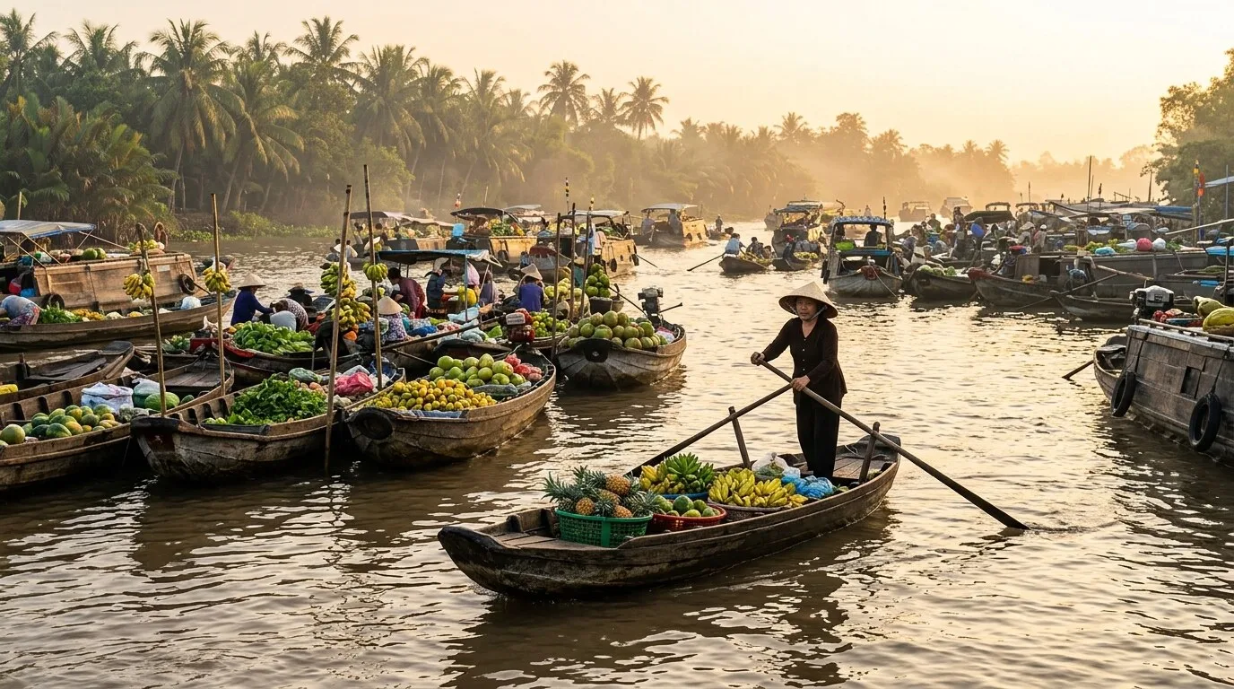 A floating market on the Mekong Delta at dawn, boats laden with fruit