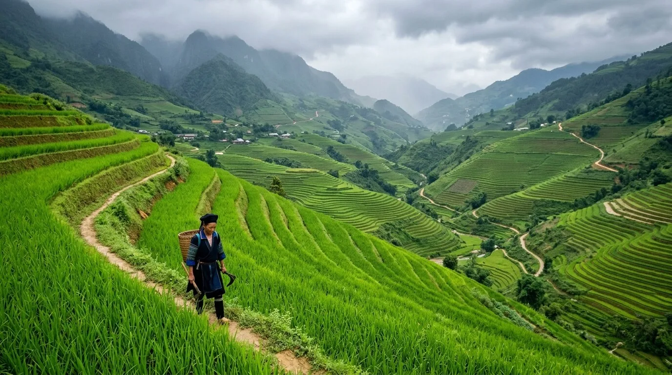 Rice terraces near Sapa with a Hmong farmer walking a path