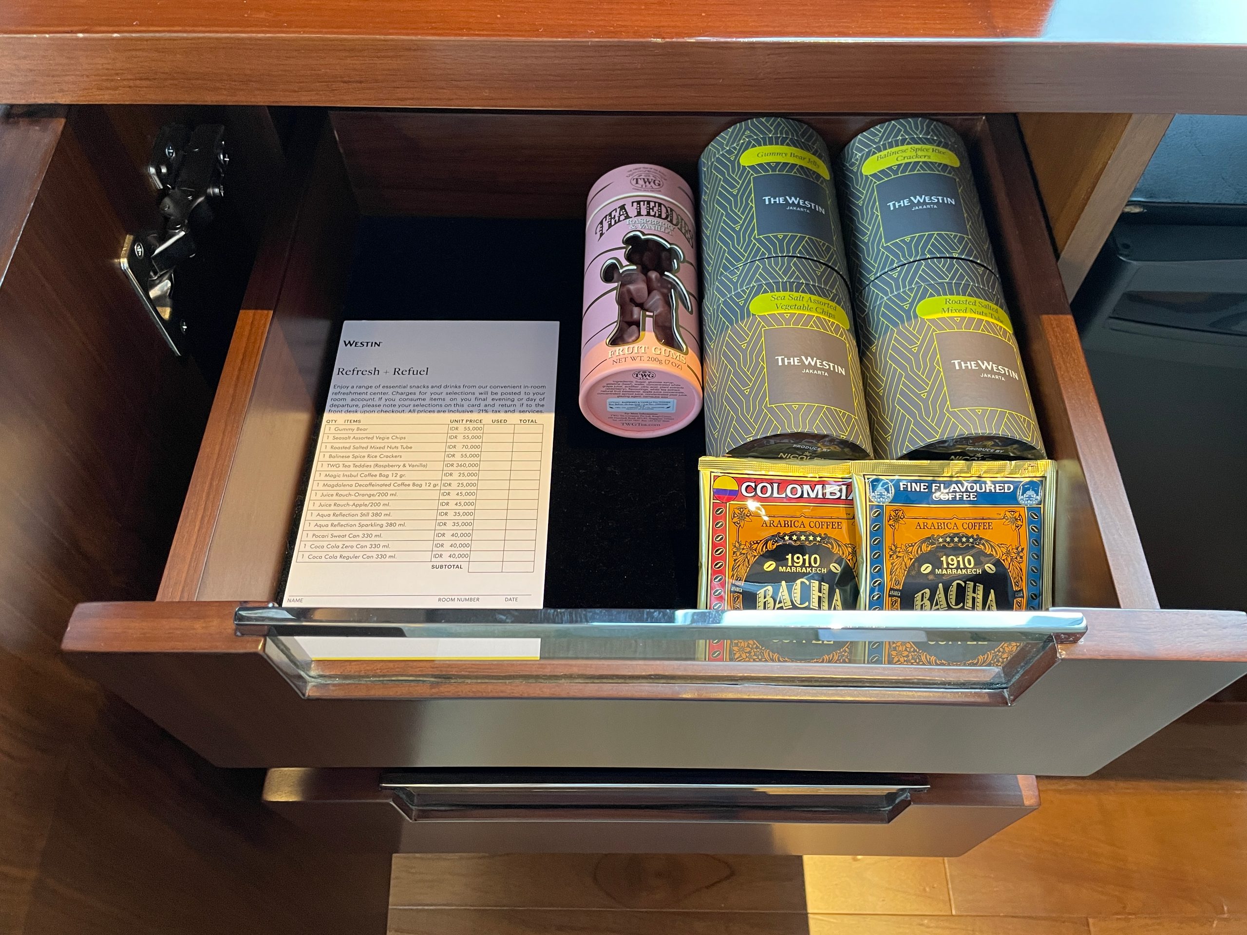 The minibar drawer in the bedroom — The Westin Jakarta