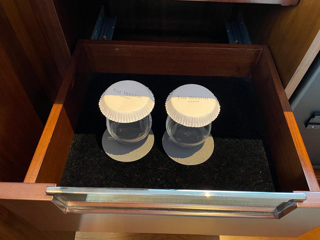 The minibar in the bedroom of the Ambassador Suite at The Westin Jakarta
