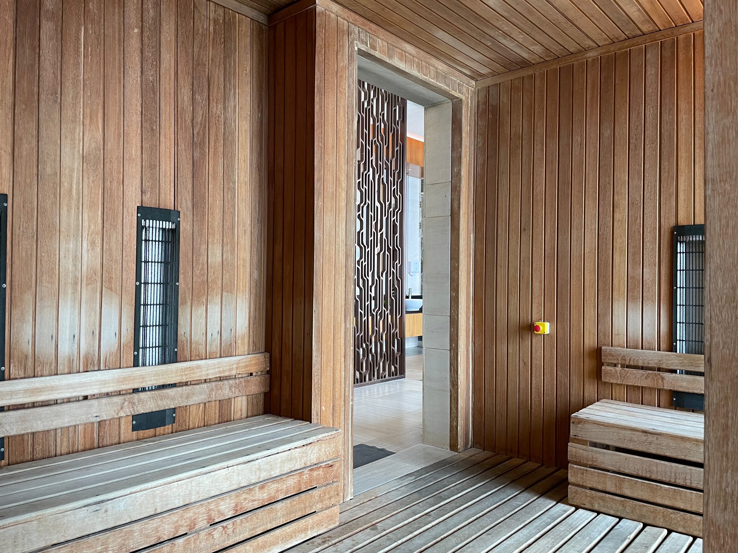The sauna benches, looking back towards the door — The Westin Jakarta