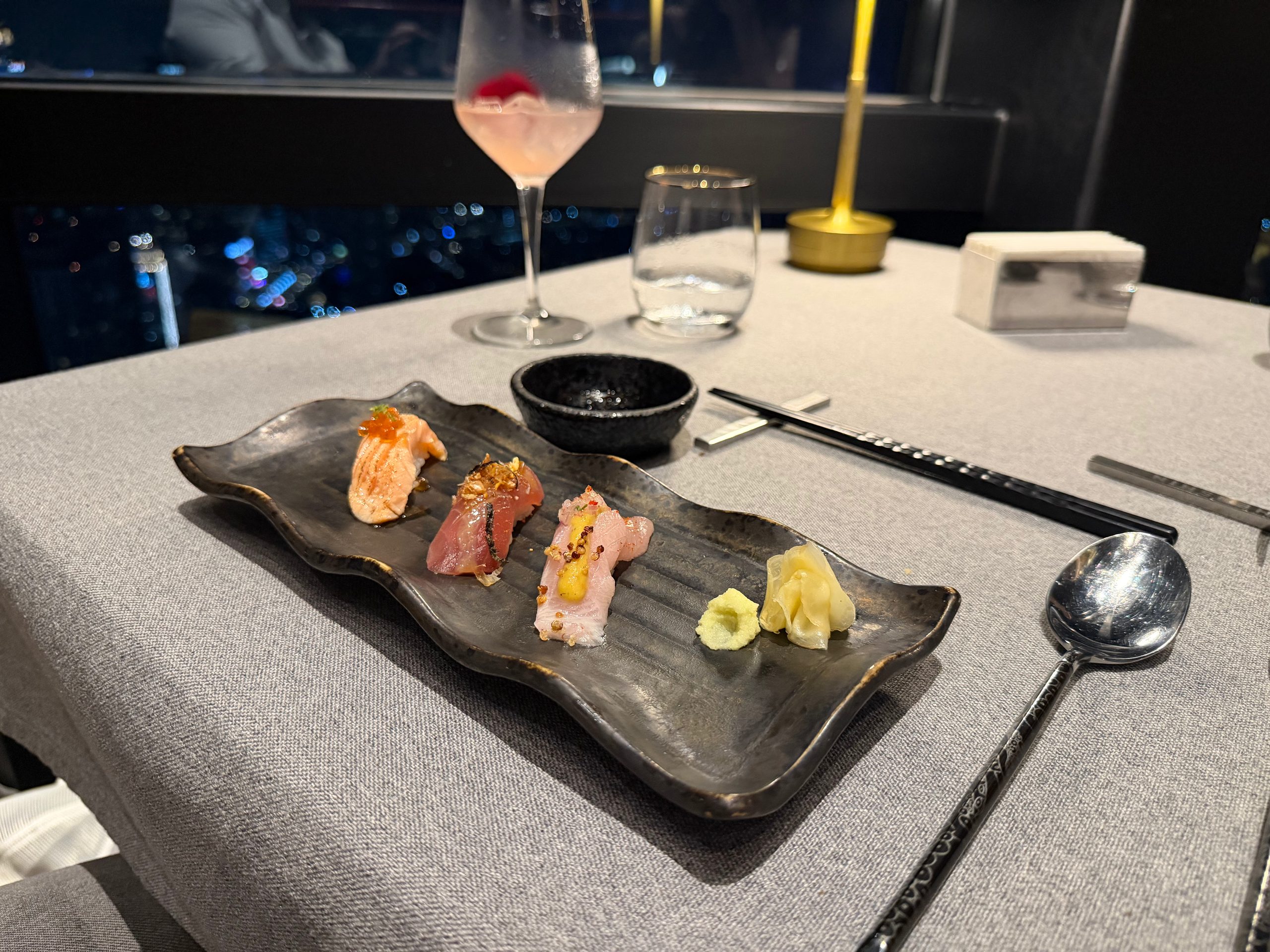 Nigiri San — hamachi, tuna and torched salmon — The Westin Jakarta