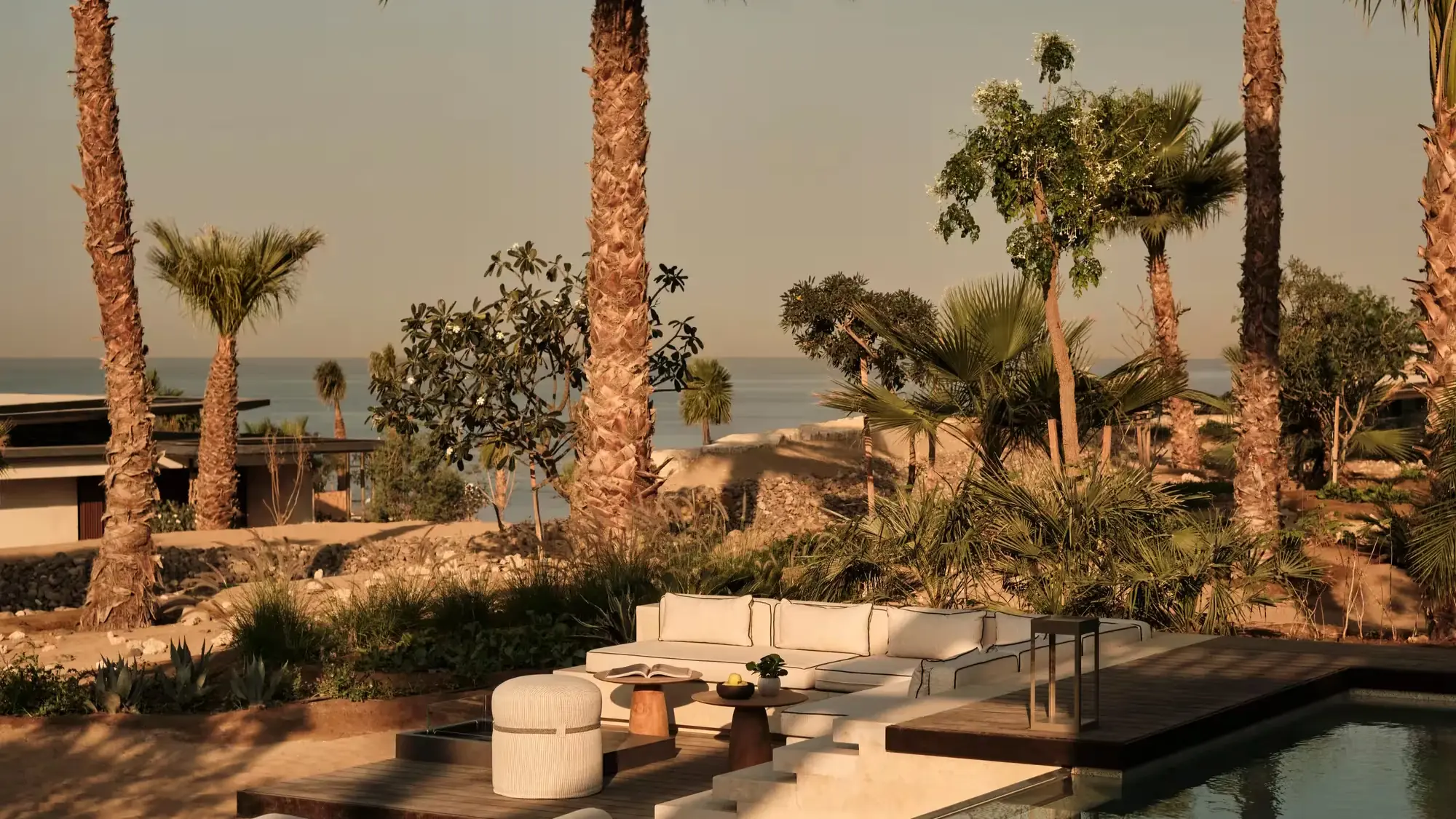 The pool terrace at Rosewood AMAALA, looking out to the Red Sea