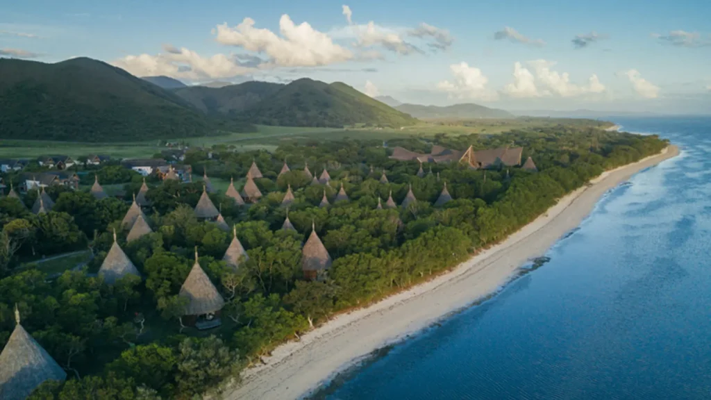 Aerial view of Le Domaine Deva at Bourail, its Melanesian-inspired bungalows set along the beach beside the barrier reef