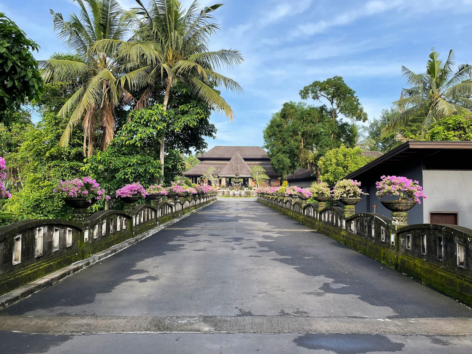 The entrance bridge at Visesa Ubud, its balustrades lined with pots of pink bougainvillea