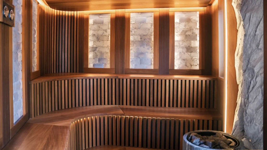 Wooden sauna with slatted benches and illuminated salt-block wall panels