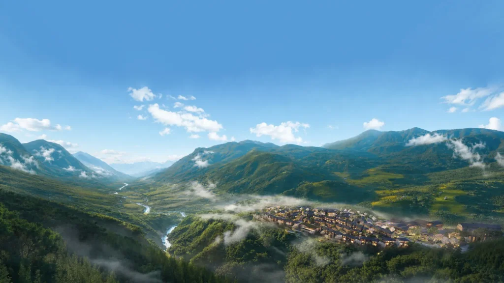 Aerial rendering of green mountains, a river valley and a low-rise village in Sapa, Vietnam