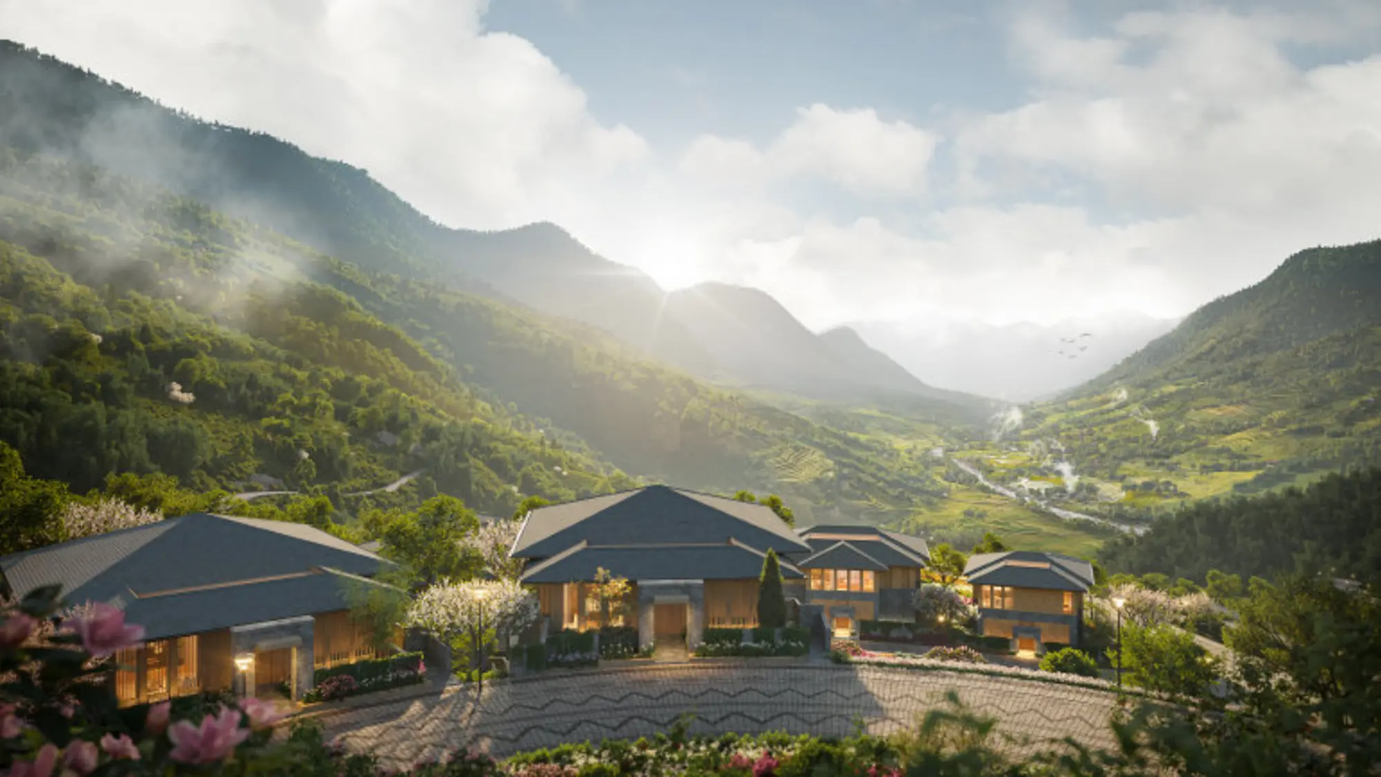 Rendering of pitched-roof residences on a hillside above a misty valley in Sapa, Vietnam