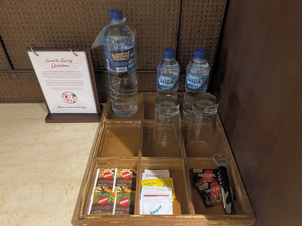 The tea and coffee tray with bottled water in the Jungle Suite at Visesa Ubud
