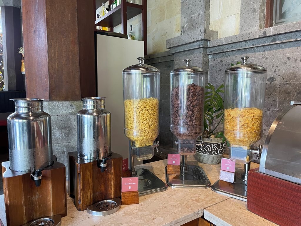 Cereal and milk dispensers at the Lesung breakfast buffet, Visesa Ubud