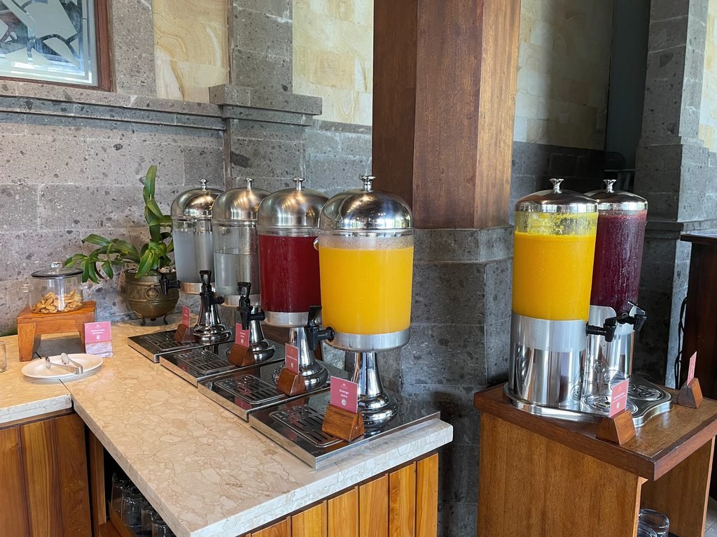 Chilled juice dispensers at the Lesung breakfast buffet, Visesa Ubud