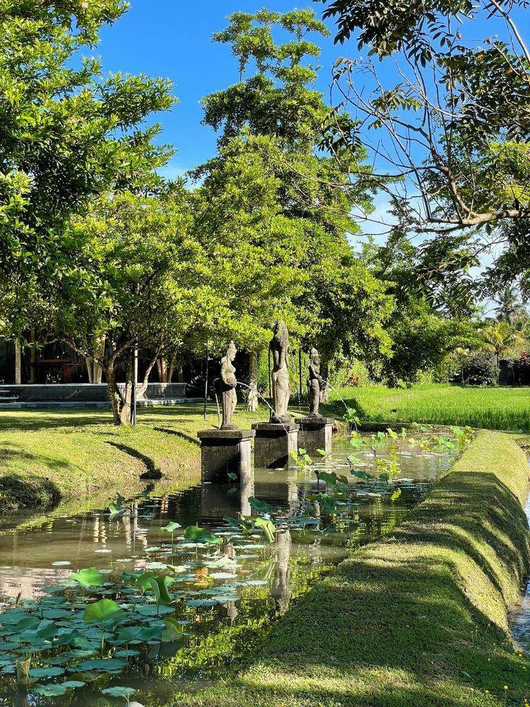 Carved stone figures standing over a lotus pond in the gardens of Visesa Ubud