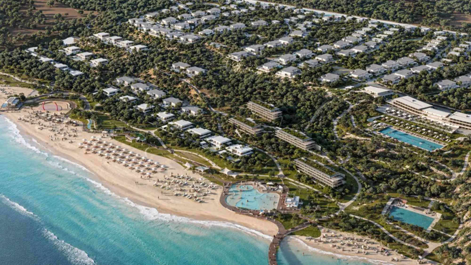 Aerial rendering of a beachfront resort, villas and pools on the Caspian coast at Zagulba, Baku