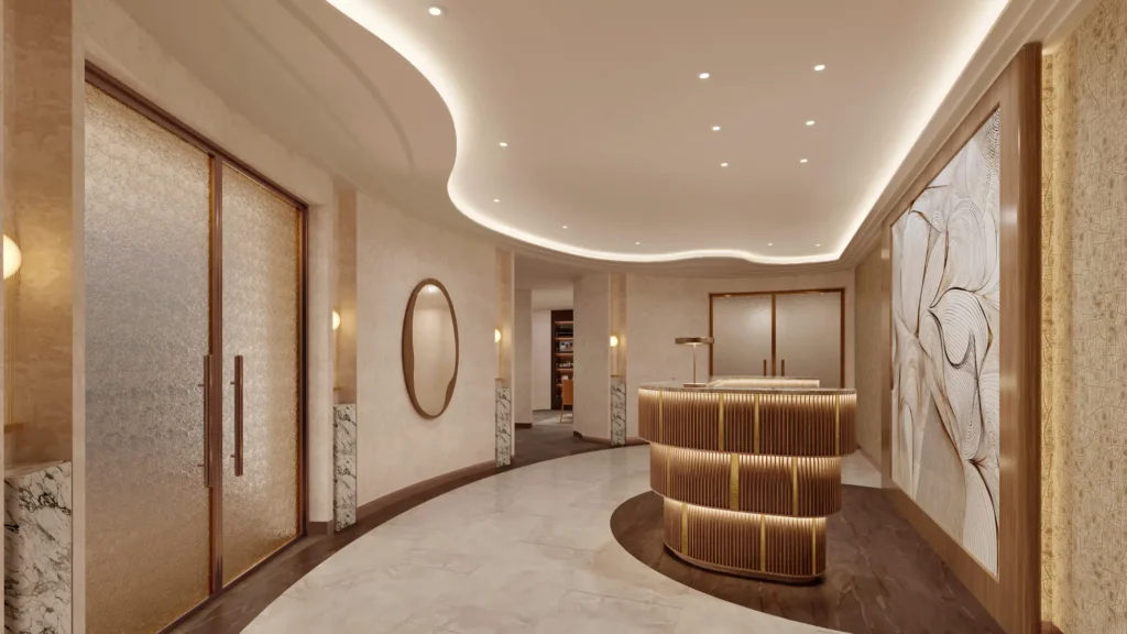 Rendering of a curved spa reception desk in fluted wood and brass beneath a sculpted, softly lit ceiling