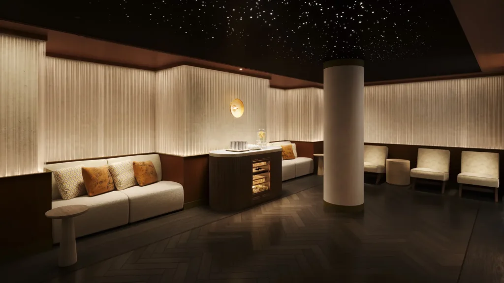 Rendering of a dim spa relaxation lounge with pale sofas, armchairs and a fibre-optic starry ceiling