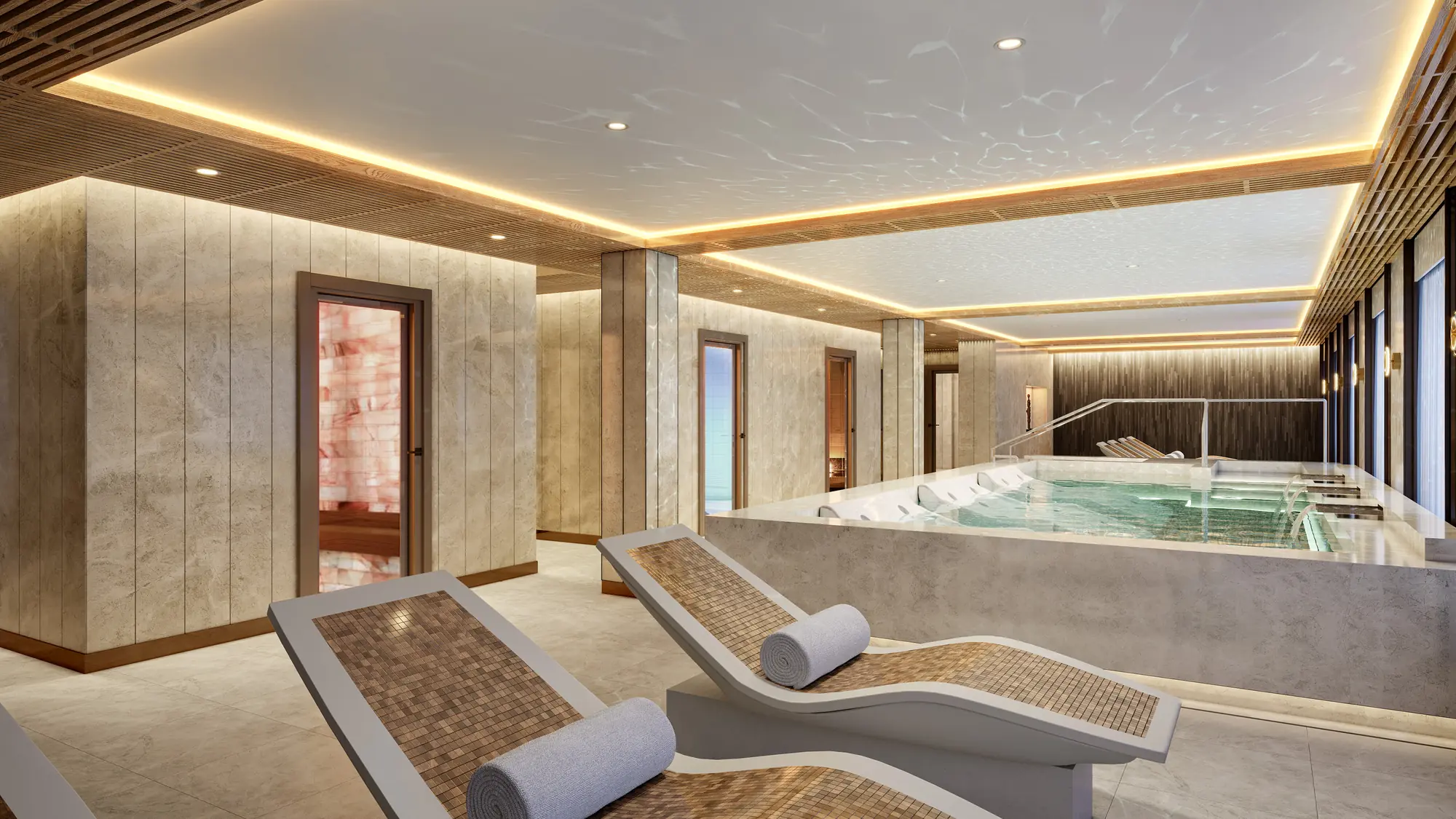 Rendering of a ship spa thermal suite with heated mosaic loungers, a hydrotherapy pool and a backlit salt-brick room